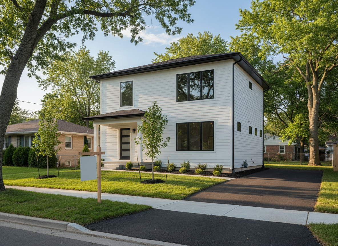 A modern two-story investment property with fresh white siding, dark-framed windows, and a neatly landscaped front yard, captured in crisp photographic realism. The house sits on a quiet suburban street with a newly paved driveway and a “for sale” style yard marker shown as a simple neutral post without text. Soft late afternoon sunlight casts gentle shadows, highlighting the clean lines of the renovation. The camera is positioned at eye level with a slight angle to show both the front and side, emphasizing curb appeal and potential value. The background is subtly blurred to keep focus on the property, creating a professional, trustworthy atmosphere ideal for a real estate investing site.
