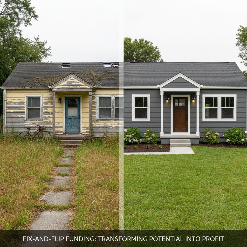 A side-by-side photographic scene of a small, outdated single-story house transitioning into a newly renovated fix-and-flip property. On the left, the exterior shows worn paint, an overgrown lawn, and an aging roof; on the right, the same house appears with fresh siding, new windows, and tidy landscaping. A faint, vertical dividing line in the center visually separates before and after, with the camera at eye level and wide enough to capture both states clearly. Soft, even daylight ensures all details are visible, creating a professional, informative mood that illustrates the transformation potential enabled by hard money fix-and-flip funding.