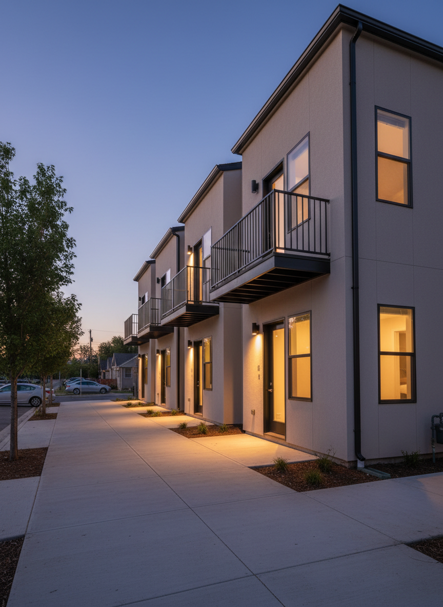 A clean, newly built rental property captured in photographic realism, with three attached townhome-style units featuring neutral stucco exteriors, black metal railings, and large windows subtly glowing from within. The property is set along a quiet street with young trees and parked cars softly blurred in the background. Early evening blue-hour lighting creates a calm, stable atmosphere, with warm interior light spilling gently onto a smooth concrete walkway. Shot from a slightly elevated corner angle, the composition emphasizes consistent, cash-flow-focused design, symbolizing DSCR loan-backed investments and long-term rental portfolios in a professional, trustworthy style.