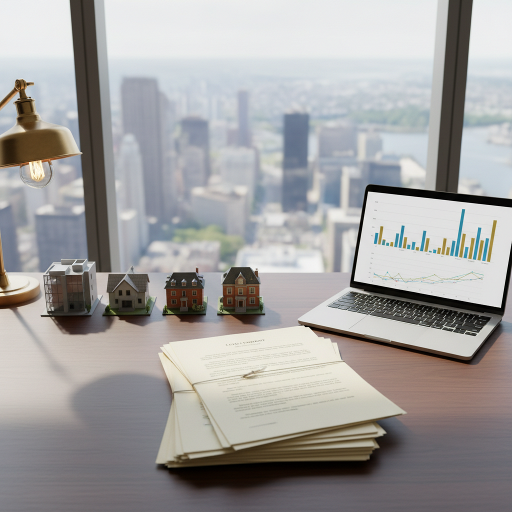 An elegant, well-lit workspace featuring a large wooden desk with a detailed stack of printed loan documents, a sleek open laptop showing abstract charts without readable text, and a neat row of miniature architectural models of houses. The setting is a professional office with floor-to-ceiling windows revealing a blurred city skyline. Soft natural daylight fills the room, complemented by a warm desk lamp that creates subtle highlights on the paper edges and laptop keyboard. Photographic realism, shot from a slightly elevated angle, with sharp focus on the documents and models and a gentle bokeh on the background, conveying clarity, organization, and confidence in real estate financing decisions.